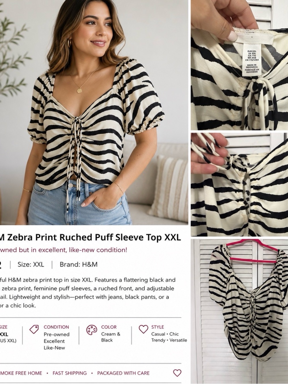 H&M Zebra Print Ruched Puff Sleeve Top XXL